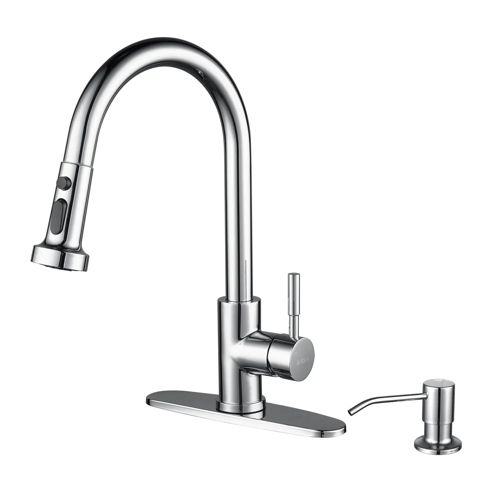WOWOW High Arc Vintage Stainless Steel Single Handle Pull-Down Kitchen Faucet with Pull-Down Sprayer, Advanced Spray, Faucet Aerator, Soap Dispenser, Water-Saving Feature (Polished Chrome), High Arc Faucet