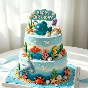Ocean Series Underwater World Kids Birthday Cake Decorations, Cute Lantern Fish Shark Clownfish Jellyfish Inserts, Home Décor Accessories
