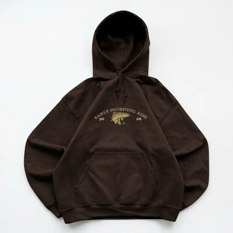 Brown Fishing Graphic Hoodie, Early Morning Rise Trout Sweatshirt, Vintage Style Outdoor Streetwear, Cabin Core Outfit, Earth Tone Fall Hoodie, Cozy Lake Trip Pullover, Baggy Fit Skater Layer, Fisherman Gift, Outdoorsy Casual Sweatshirt