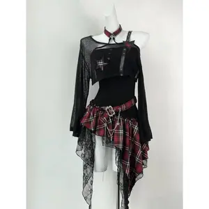 Gothic Hot Girl American Fashion 2 Piece Set Women Black Blouse + Chic Irregular Dress New Pure Desire Slim Vintage Suit Summer