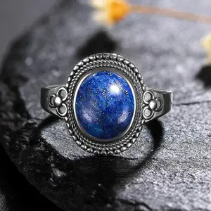 Natural 8*10MM Lapis Lazuli Finger Ring Jewelry Rings for Women Gift Silver Plated Flower Shaped Ring