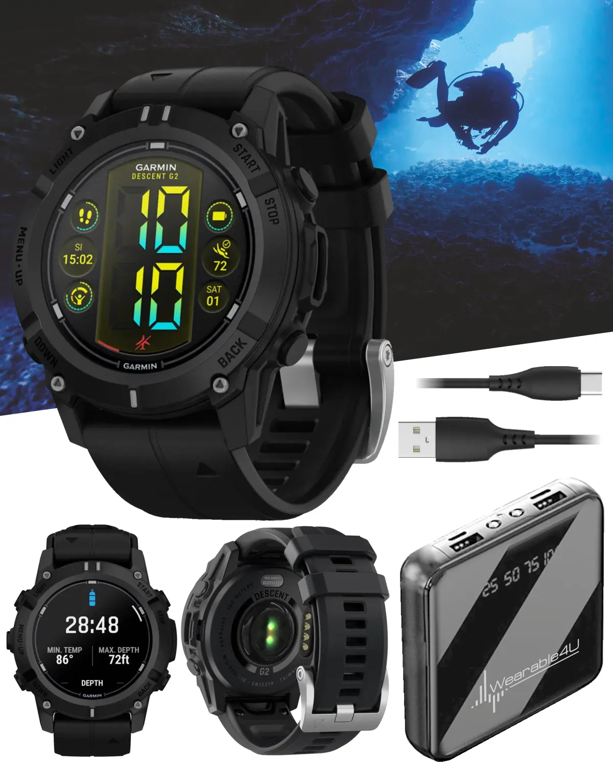 Garmin Descent G2 Watch-Style Dive Computer Smartwatch Wristwatch, AMOLED Display, Diving Monitoring Devices, Wearable4U, Plastic