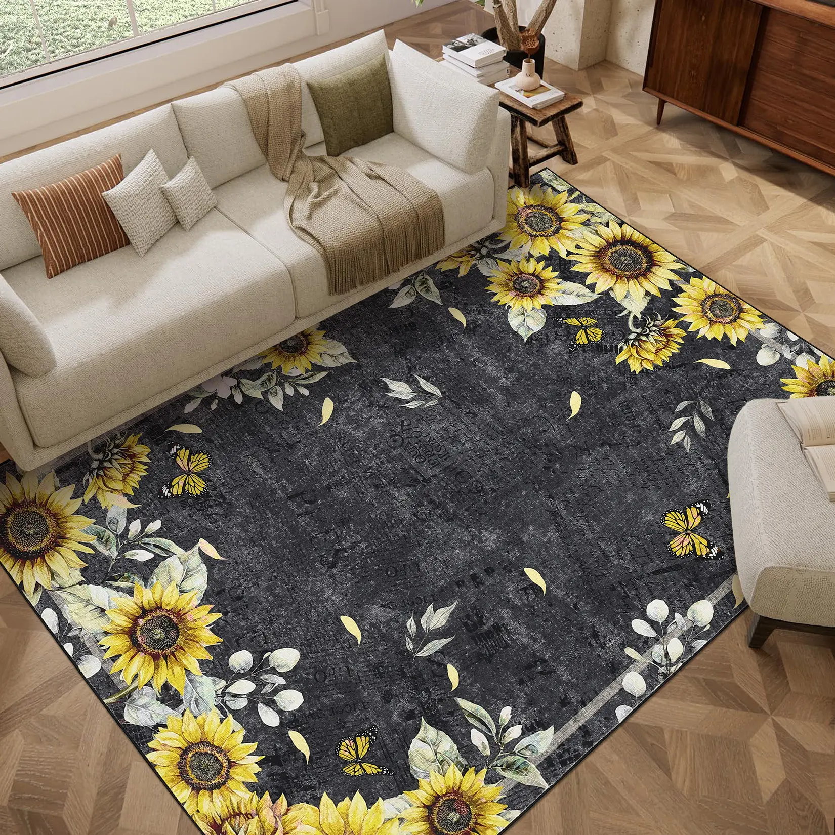 Sunflower Border Print Rug Washable Stain-resistant Non-slip Ultra-thin Foldable Large-size Vintage Print Rug for Bedrooms Dining Rooms Offices Hallways Entryways Apartments and Cafes
