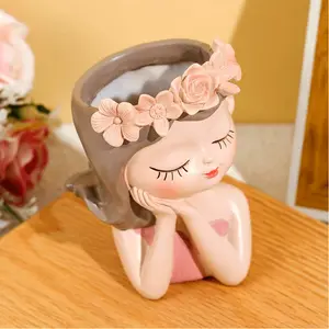 1pc Creative Girl Simulation potted Vase garden, resin vase, home bedroom office desk desktop decoration handicraft display, pink flower decoration, Collectible Room Decor, Home Decor Accessory, Decorative Home Ornament