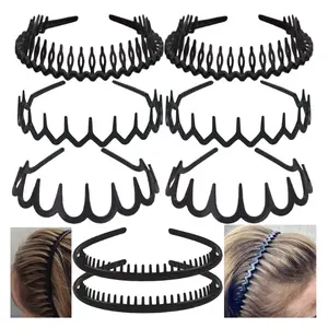 8 PCS Fashion No Slip Effortless Plastic Headbands with Teeth Comb Black Skinny Hair Accessories Bands for Women Men Teen Girls, Matte Black