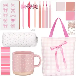 25 Pcs Bow Gift Back to School Stationery Set Coquette Mug Composition Notebook Tote Pen Cute Sticky Note Highlighter Pencil Case Teacher Appreciation Gift for Women Student