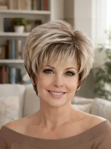 Pixie Cut Wig Blonde Layered Pixie Cut Wig Short Wig for White Women with Bangs Pixie Cut Curly Wig Glueless, Synthetic High Temperature Fiber, Daily Use