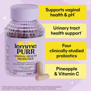 Lemme Purr Capsules - Vaginal Probiotics for Women - Promotes pH Balance, Healthy Vaginal Odor & Urinary Tract Health w/ Lactobacillus Blend, Clinically Tested Strains, Pineapple & Vitamin C - 60 Veggie Capsules