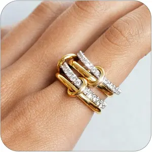 Stackable Gold Rings for Women 18K Gold Plated Interlocking Ring Stack Set Gold Silver Mixed Metal Statement Rings Waterproof Dainty Cubic Zirconia CZ Fashion Connected Band Thumb Ring Size 4-11 Jewelry Gift for Women