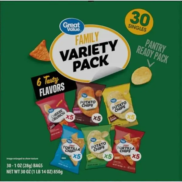 Great Value Fried Family Variety Chips Pack - 30 Count, 1 oz Flamin' Hot Sabritas Crispy Snack Chips, Taffy Yummy Treat