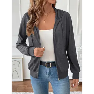 Ribbed Knit Hooded Jacket, Zip Up Drawstring Casual Jacket For Spring & Fall, Women's Clothing fumi puffer jacket Tops Coat Collar Fabric Womenswear