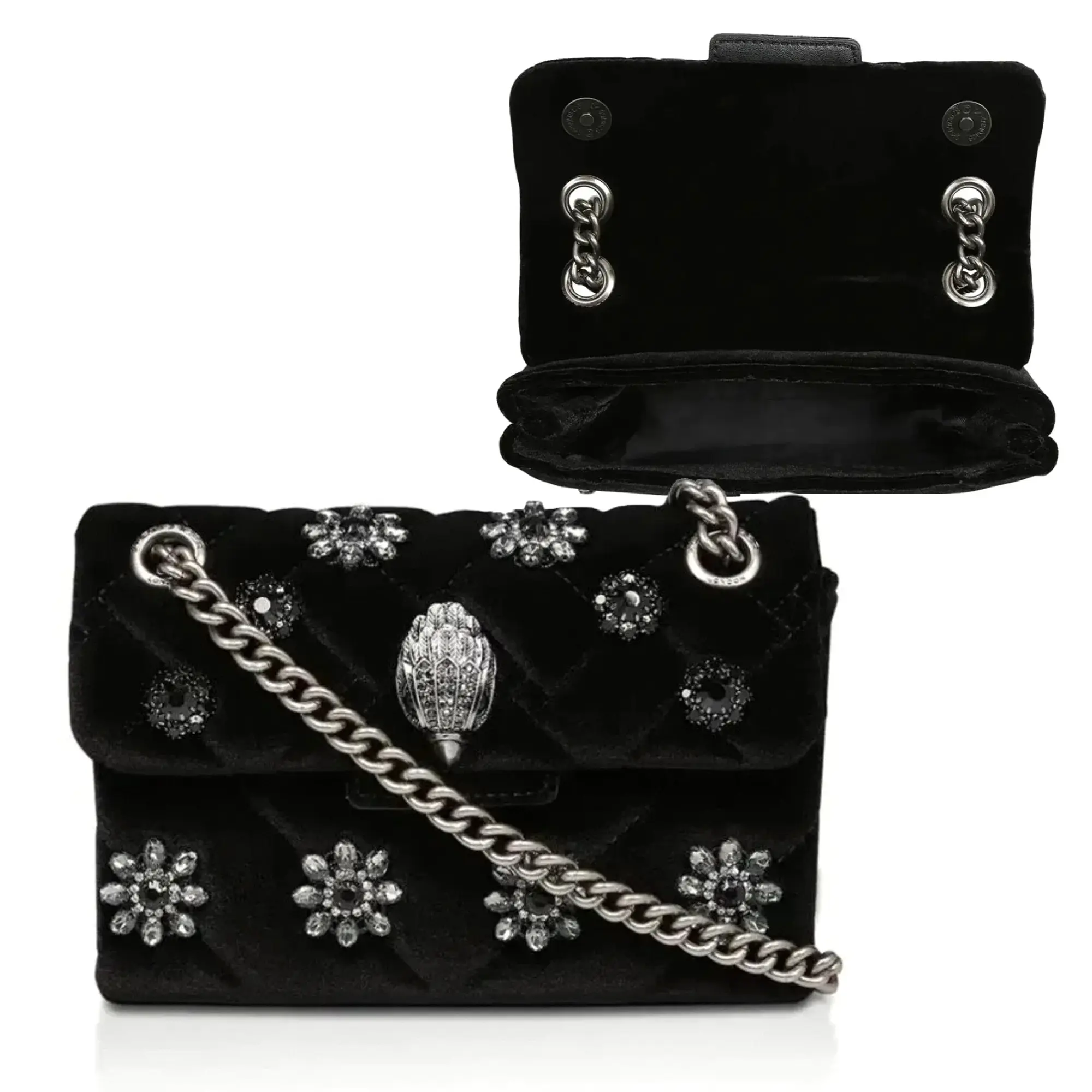 Kurt Geiger Women's Black Velvet Quilted Shoulder Bag, Rhinestone Floral Decor, Eagle Head Metal Chain Flap Crossbody Handbag