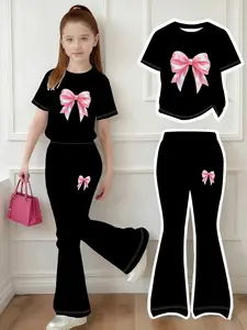 Girls Bow Pattern Printed 2-Piece Set, Pink Bow Print, Short Sleeve Round Neck Top with Casual Flared Pants, for All Seasons, Perfect Spring Autumn Gift for Outdoor Activities, Casual Outfit Set
