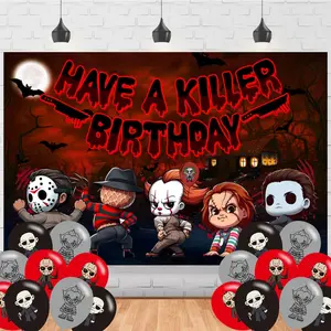Halloween Horror Birthday Party Backdrop, Horror Classic Movie Birthday Party Decoration,Horror Movie Happy Birthday Banner Shoot Photo Backgrounds Props for Boys and Girls Party 5x3ft