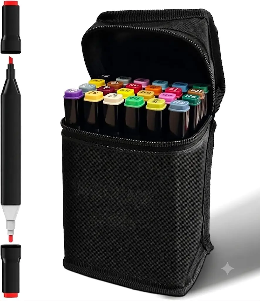 24-Color Dual-Tip Alcohol Markers Set, Chisel & Fine Points, Non-Toxic Quick-Dry Professional Art Markers for Adult Coloring Books, Sketching