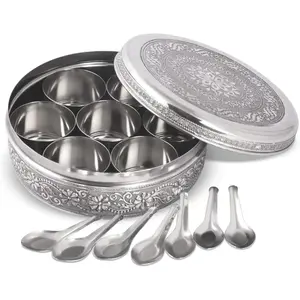 Designer  Container Masala Dabba, 7  Jars, Holds 7 Spices,  Container Box, Polished Stainless Steel with 7 Serving Spoons, Indian Masala Dabba with Lid, 8 Inch
