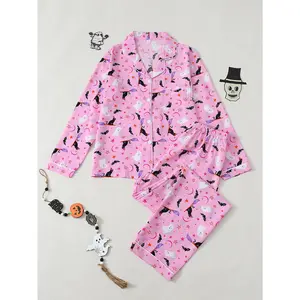 Pink Halloween cartoon pajama set: long sleeves + pants, with black cat, ghost and star patterns. Soft, skin-friendly loungewear in a loose, comfy fit. Unlock cozy home moments-ideal for holidays and daily wear. Nightwear Womenswear Polyester Piece Tops