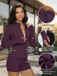 Women's Plain Zipper Yoga Top, Sporty Slim-Fit UV-Protective Jacket, V-Neck Long Sleeve, Spring Summer Outdoor Gym Wear