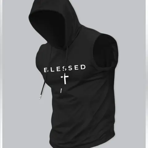 【Black Friday】Men’s Fitted Sleeveless Hooded Athletic Tank Top with Drawstrings and Letter and Cross Print, Casual Sportswear for Summer Gym Workouts and Outdoor Activities