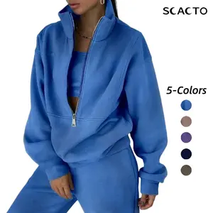 Scacto Women's 2-Piece Long Sleeve Slim-Fitting Hooded Sports Set - Autumn Winter Warm Polyester Blend Full Length Top & Bottom, Sporty Style Outfits, Yoga Gym Outfits, Yoga Workout Activewear