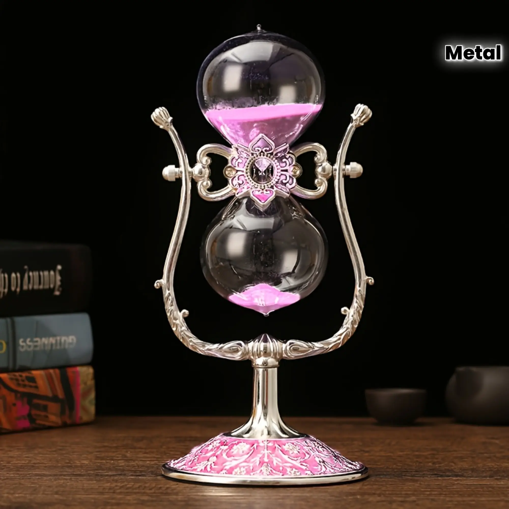 1pc Vintage Elegant Glass Hourglass Timer with Carved Metal Bracket, U-Shaped Glass Frame Decor, No-Electricity Home Office Accent, Ideal Valentine Gift