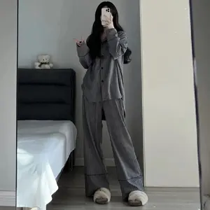 Striped Pajama Set Women Long Sleeve Pants Soft Sleepwear Casual Homewear Piiama Casual Home Suit Button Pants Sets 2 Pieces