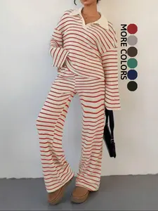 Autumn Winter Striped Turn-Down Collar Fashion Knit Loose Long Sleeve Top Casual Pants Athletic Sportswear Set, Women's Stylish Tracksuit Sets