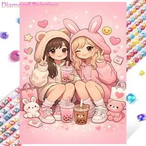 5D DIY Full Diamond Round Drill Painting - Diamond Painting Kit Milk Tea Bunny Ears Mosaic Canvas DIY Wall Art, Home Wall Decoration