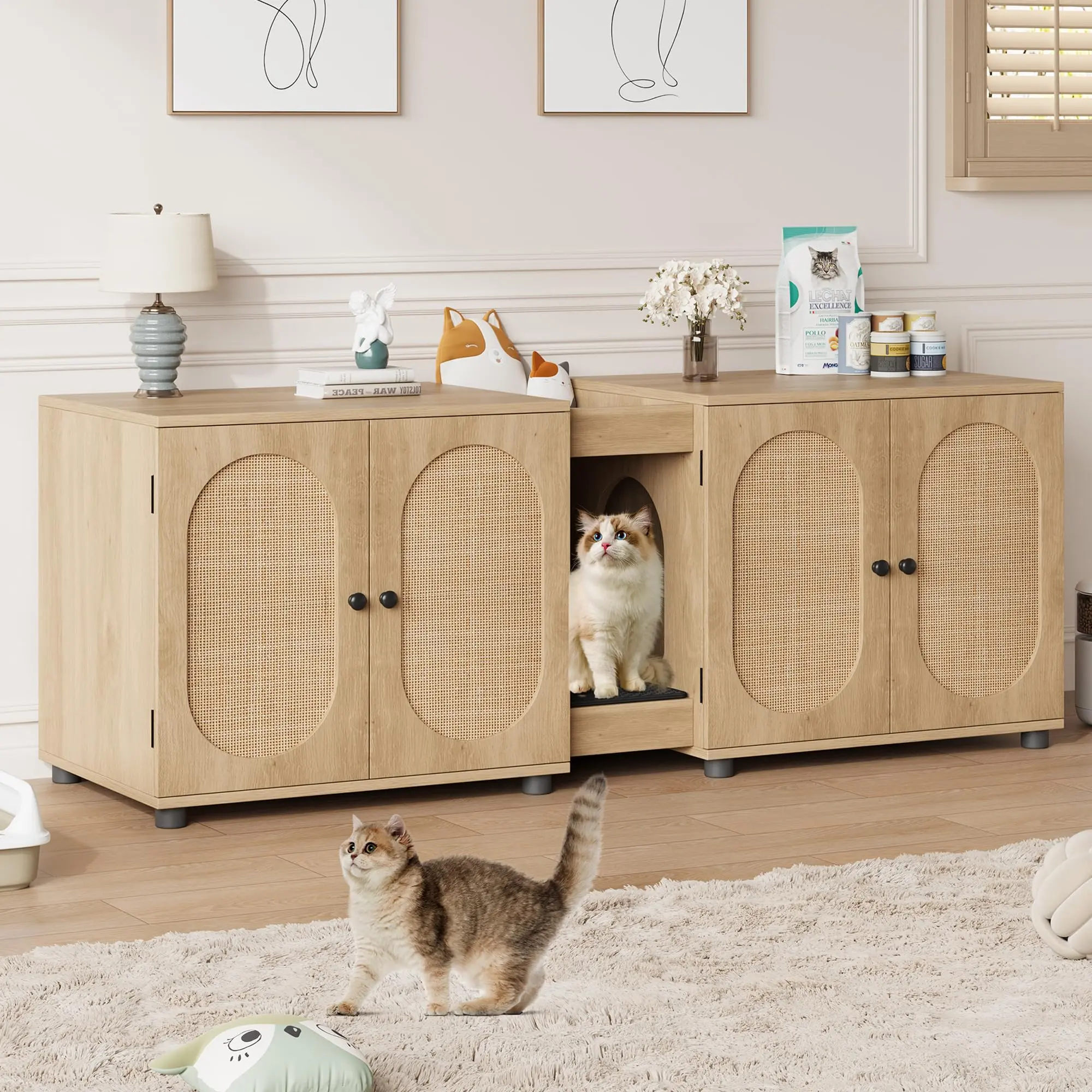 [NEW - FLASH SALE] Garvee Cat Litter Box Enclosure 55.1" Double Litter Box Furniture Large Cat Box Enclosure Kitty Litter Box for 2 Cats Hidden Cat Litter Cabinet Double Cage with Cat Litter pad Rattan Door