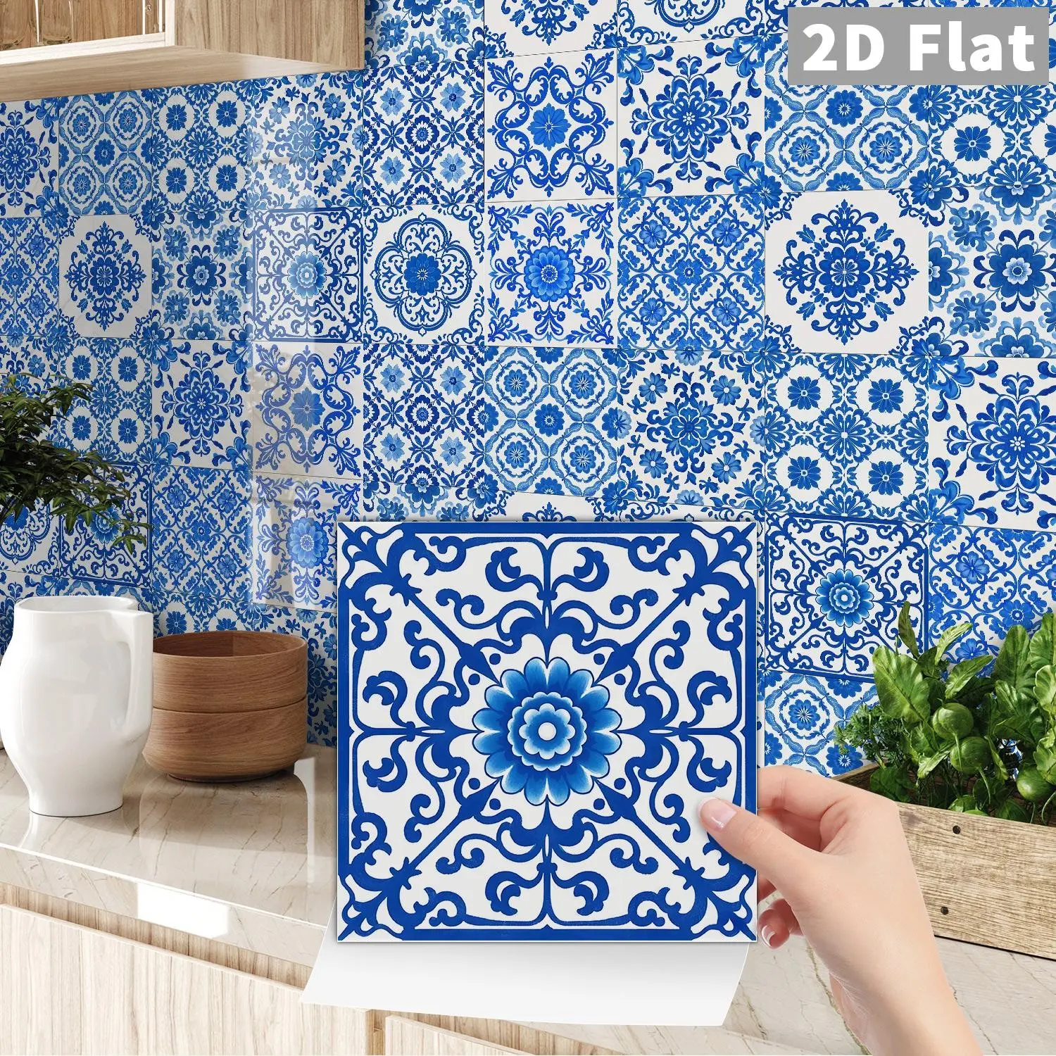 24PCS/Box NHZ Blue and White Porcelain Mandala Peel and Stick Tile Stickers, Crystal Film Waterproof Oil-Proof Removable Backsplash for Kitchen Bathroom Furniture Stairs