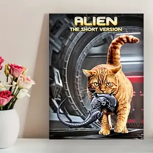 <Alien Simplified Edition> Wooden Frame Canvas Art - Classic Sci-Fi Comedy Cat Wall Decor, Waterproof Print Suitable for Living Room, Bedroom, Office, Restaurant, and Bar