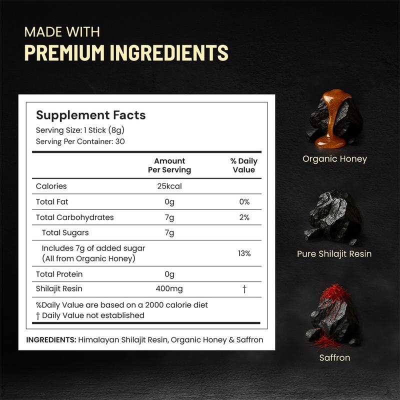 Anecdote Pure Himalayan Shilajit Honey Sticks - 100% Pure Resin with 85+ Trace Minerals & 75% Fulvic Acid - Organic Honey & Saffron Infused - 30 Sticks