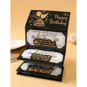 1 Set Black & Gold Happy Birthday Folding Banknote Card & Envelope, Black & Gold Paper Folding Banknote Card, Birthday Party Surprise Cash Gift, Anniversary Decorative Folding Banknote Card, Birthday Celebration Cash Decor, Birthday Party Decor, Happy Bir