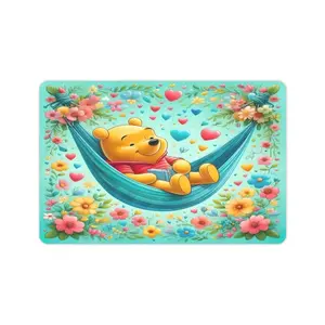 DISNEY CLASSIC Winnie the Pooh Hammock Floral Print Doormat, Non Slip Low Profile Floor Rug, Cute Cartoon Bear Indoor Outdoor Entrance Mat Home Decor
