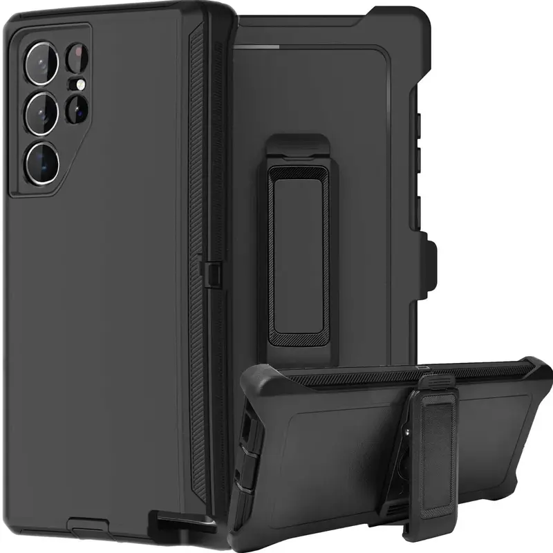 Black Rugged Defender Case For Samsung Galaxy S26 / S25 / S24 / Plus / Ultra / Shockproof Heavyduty Protection cover With Belt Clip Phonecase  Protective Casing