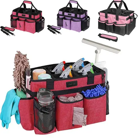 Wearable cleaning bag with foldable compartments handles and shoulder straps for cleaning tools suitable for cleaners and housekeepers