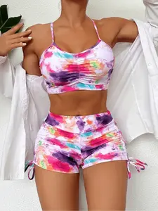 Women's Two-Piece Swimsuit Set, Sexy Print Bikini Bottoms, Tie Back Bikini, Fashion Adjustable Straps, Vacation Wear, Random Print, Stylish Swimwear