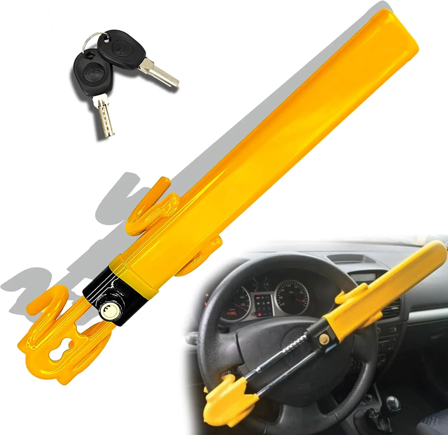 Steering Wheel Lock for Universal Adjustable Length Anti-Theft Device Locks Double Hook Locks for SUV Pickup Truck Van(Yellow)