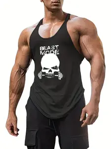Men's Sleeveless Gym Workout Top, Quick-Dry Breathable Fabric, Beast Mode Skull Barbell Print, Ideal for Fitness & Streetwear, Fitness Workout Vest