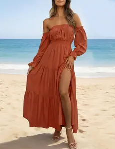Women's Boho Sexy Off Shoulder Long Sleeve Smocked High Waist Side Split Flowy A Line Tiered Long Maxi Dress Gift for Girlfriend