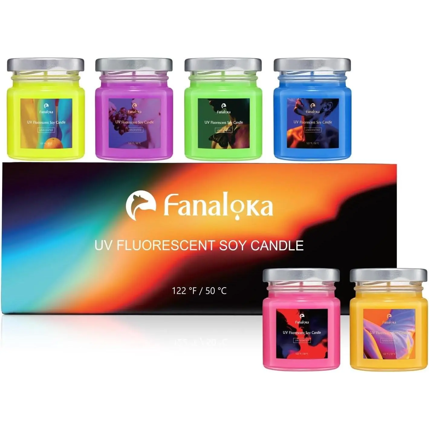 Mini 60g 6 Pack UV Fluorescent Soy Wax Low Temperature Candles | Low Heat Body Safe, Night Party, Unscented, 122°F (50°C), Peelable Wax