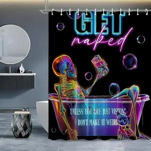 Neon Skull Bathroom Set, Cyberpunk Style, Background, Waterproof Print Shower Curtain, Non-Slip Mat, Toilet Mats, Pad, Easy Clean