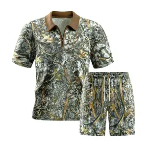 Men’s summer camouflage hunting set — half-zip collared short-sleeve top + drawstring shorts, casual athletic two-piece set
