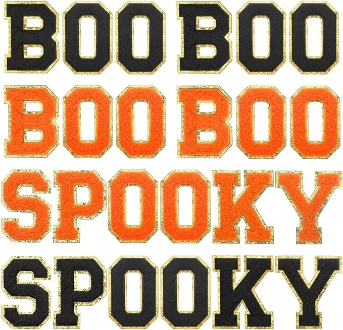 24 Pcs Halloween Boo Spooky Iron on Patches Chenille Glitter | Black Orange Appliques, Self Adhesive Sew on Design, Boo Spooky Letter Patches, DIY Clothing Hat Backpack Jacket Decor