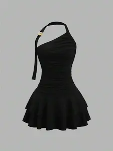 Women's Black Spiral Gold Ornament Waist Cinched Flared Mini Dress Spring Summer Party Dress