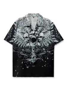 Unisex Printed Shirt in Y2K Style, Casual Fit Chic Dark Aesthetic Skull and Angel Wings Design, Summer for Couples, Street Art Fashion for Young People