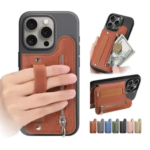Universal Phone Card Holder with Zipper Pocket, Wallet Case Cellphone for iPhone 16 15 14 Pro Max 14 13 with Finger Strap Grip Card Holder