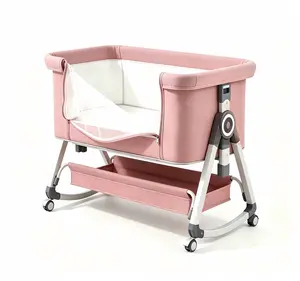 Pink 6-Height Adjustable Bedside Sleeper Baby Crib, 2-in-1 Rocking Bassinet with Roll-Down Side Mesh, Anti-Reflux Incline, Storage Basket, Silent Lockable Wheels, Portable Foldable Newborn Bed for Infant
