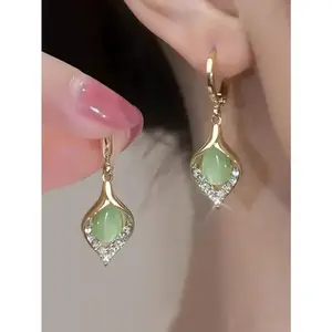 Vintage Green Gem Dangle Earrings, Gold-Tone Opal Teardrop Earrings with Crystal Accents, Ideal for Date Nights, Bridesmaid Events, Weddings, Formal Occasions