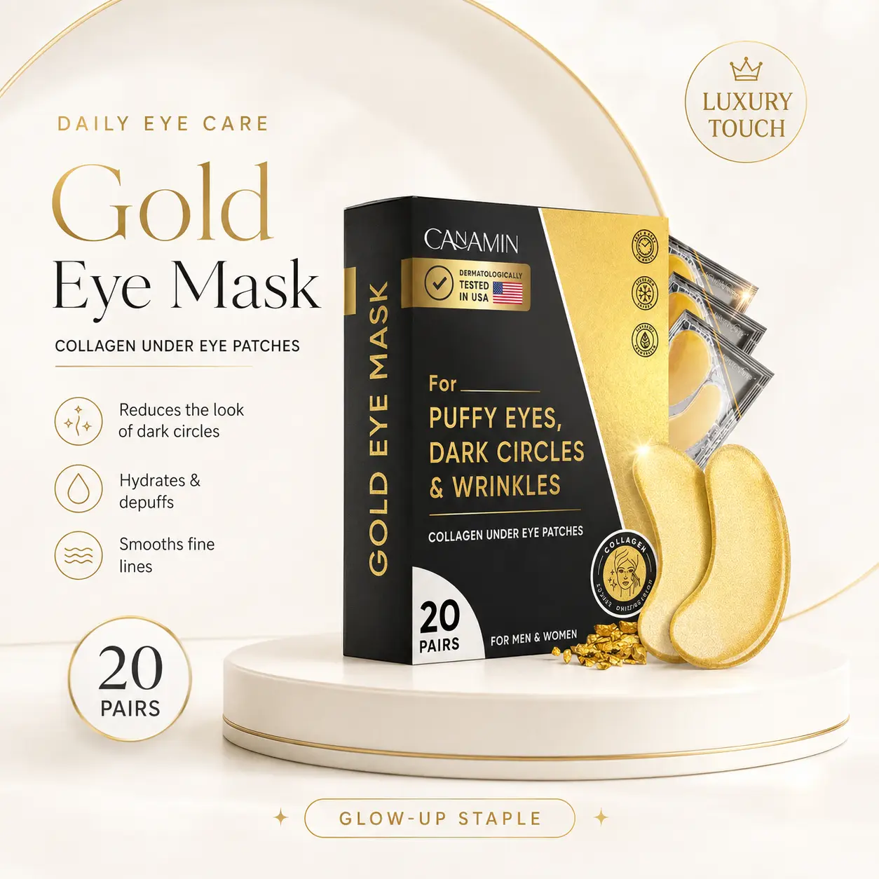 CANAMIN Gold Eye Mask, Collagen Under Eye Patches, 20 Pairs, Refreshing Daily Eye Care Pads for Self Care Routine, Women & Men